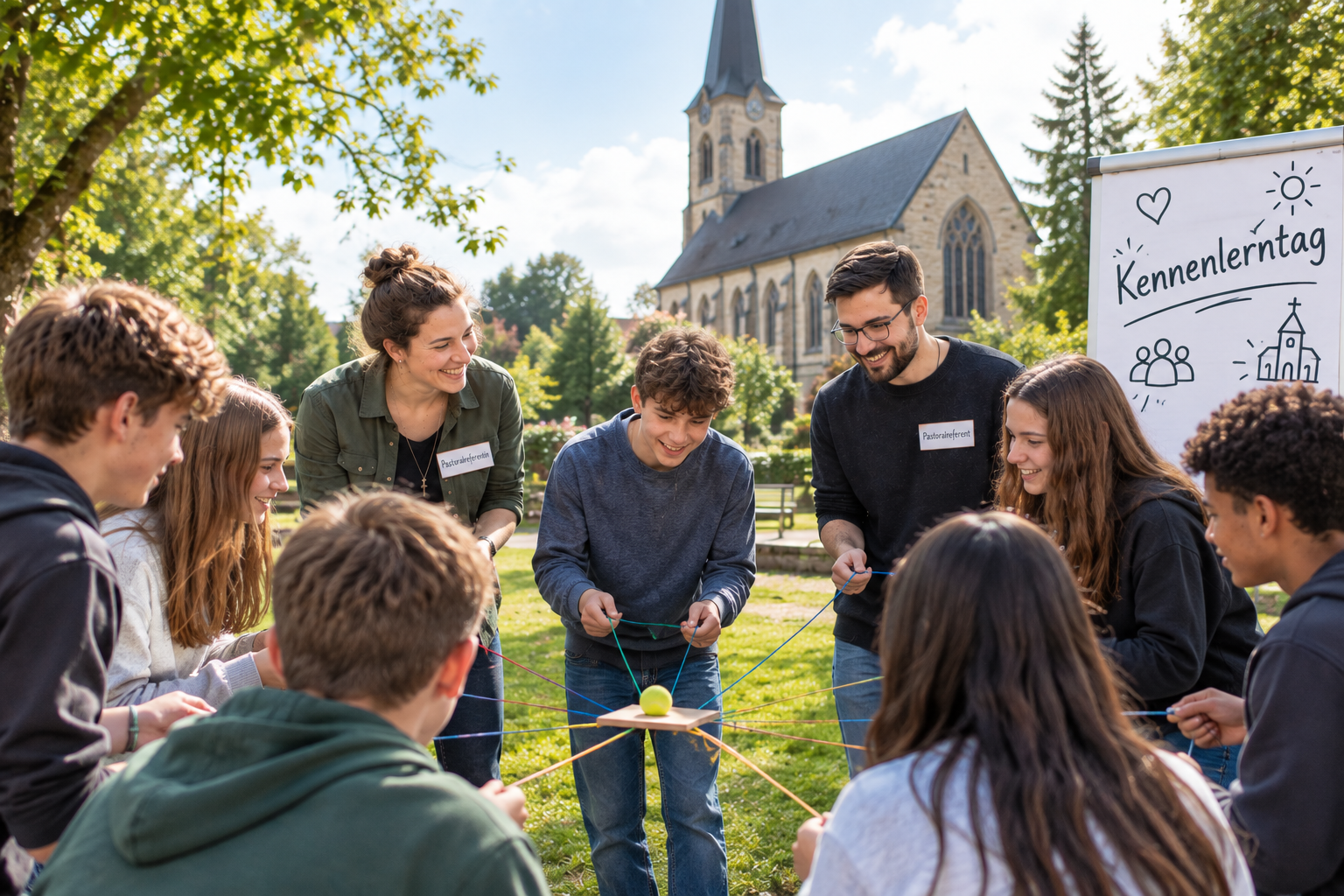 Auf dem Bild sieht man eine gruppe von Menschen, die gemeinsam draußen ein Spiel spielen, um sich besser kennenzulernen. Im Hintergrund sieht man eine Kirche, sowie ein Whiteboard. 