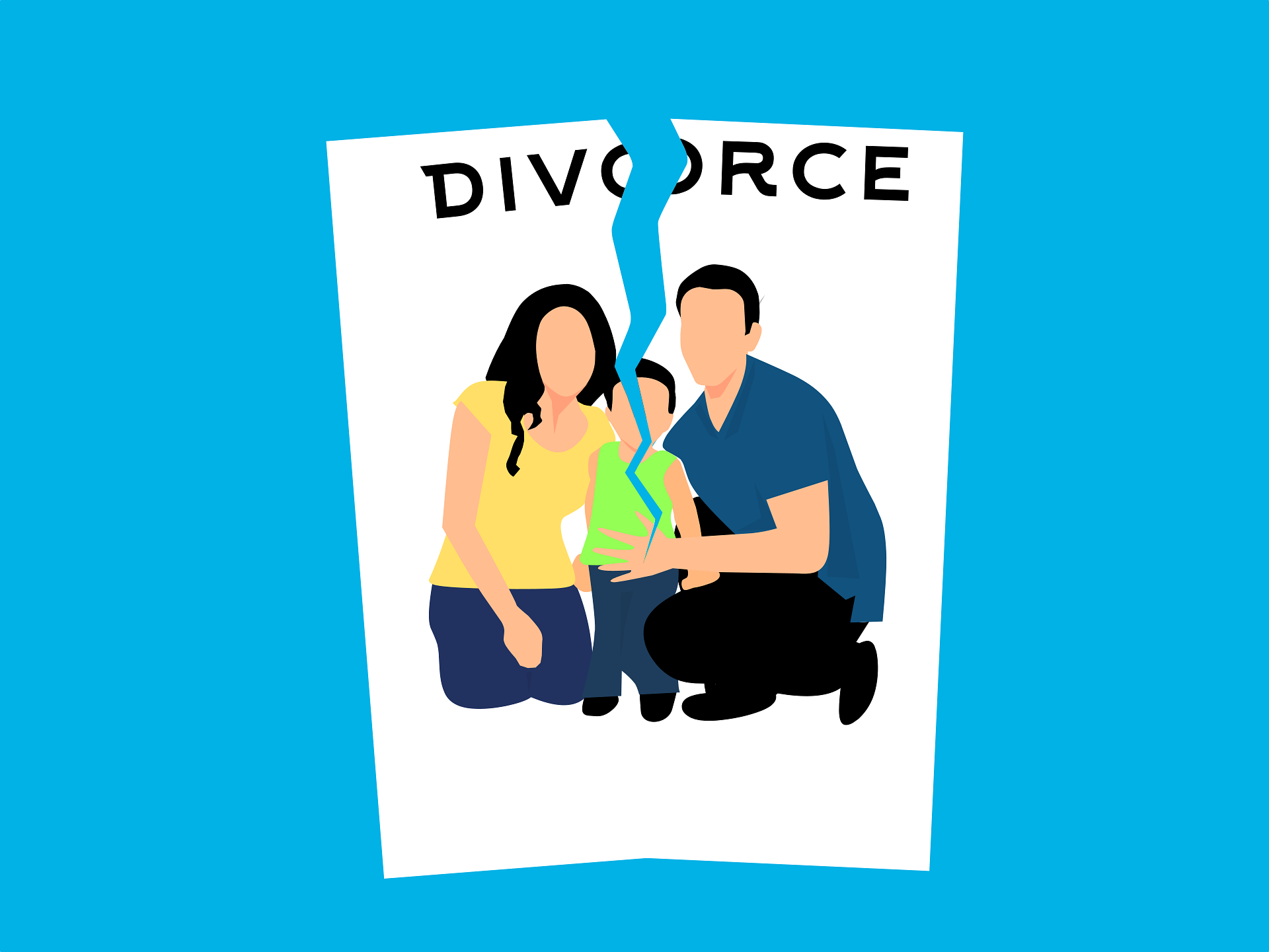 Illustration eines zerrissenen Fotos mit der Aufschrift „Divorce', das eine kniende Familie mit Kind zeigt