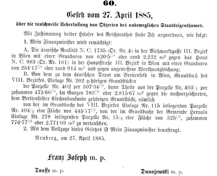 Abtretung für Kirchenbau / Reichsgesetzblatt Nr. 60/1885 Abtretung für Kirchenbau Breitenfeld