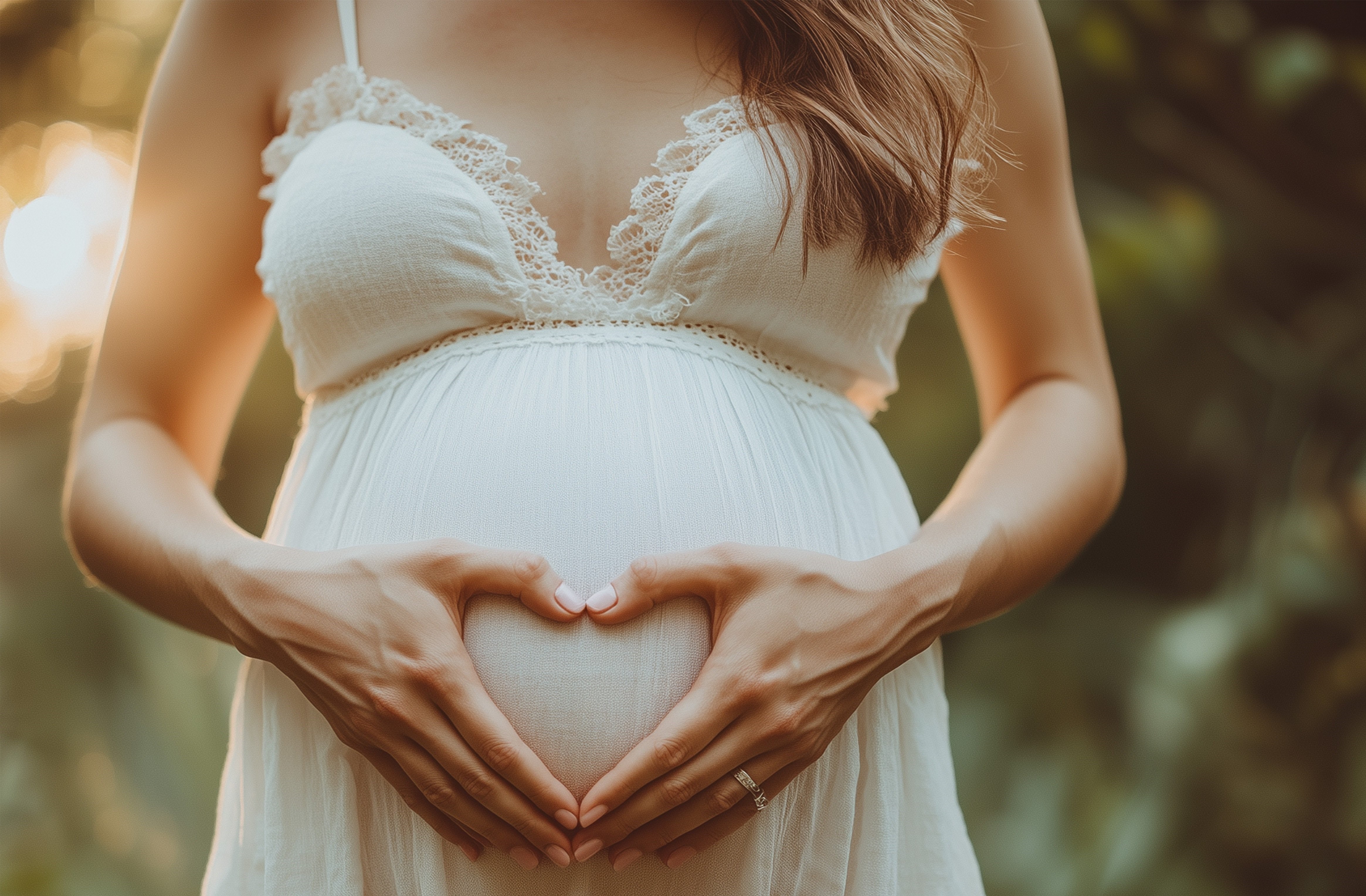 Eine schwangere person formt mit beiden Händen ein Herz vor dem Bauch