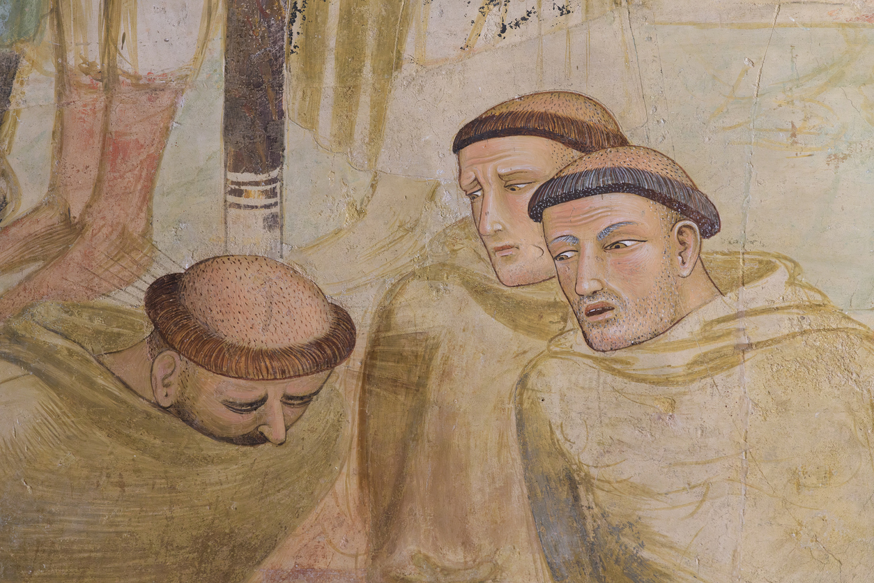 Detail of fresco St. Louis of Toulouse Renounces the Crown before Pope Boniface VIII by Ambrogio Lorenzetti, Basilica of San Francesco, Siena, Italy.