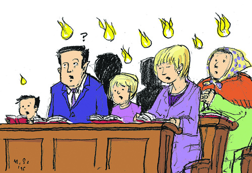 Cartoon - die Gemeinde singt die Pfingssequenz.