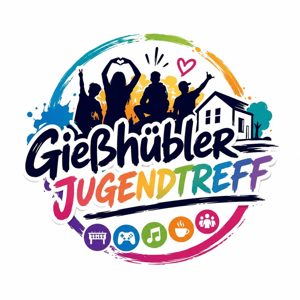 Logo des Gießhübler Jugendtreffs mit 4 Personen und Icons für Spiel und Spaß
