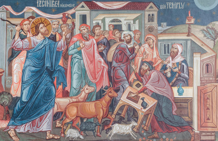 Christus zog mit den Jüngern aufgrund des nahenden Paschafestes nach Jerusalem. Im Tempel findet er Händler und Geldwechsler vor. Erzürnt treibt er sie aus dem Tempel, denn Gottes Haus soll nicht zu einer Markthalle werden. In dieser Bibelstelle verw