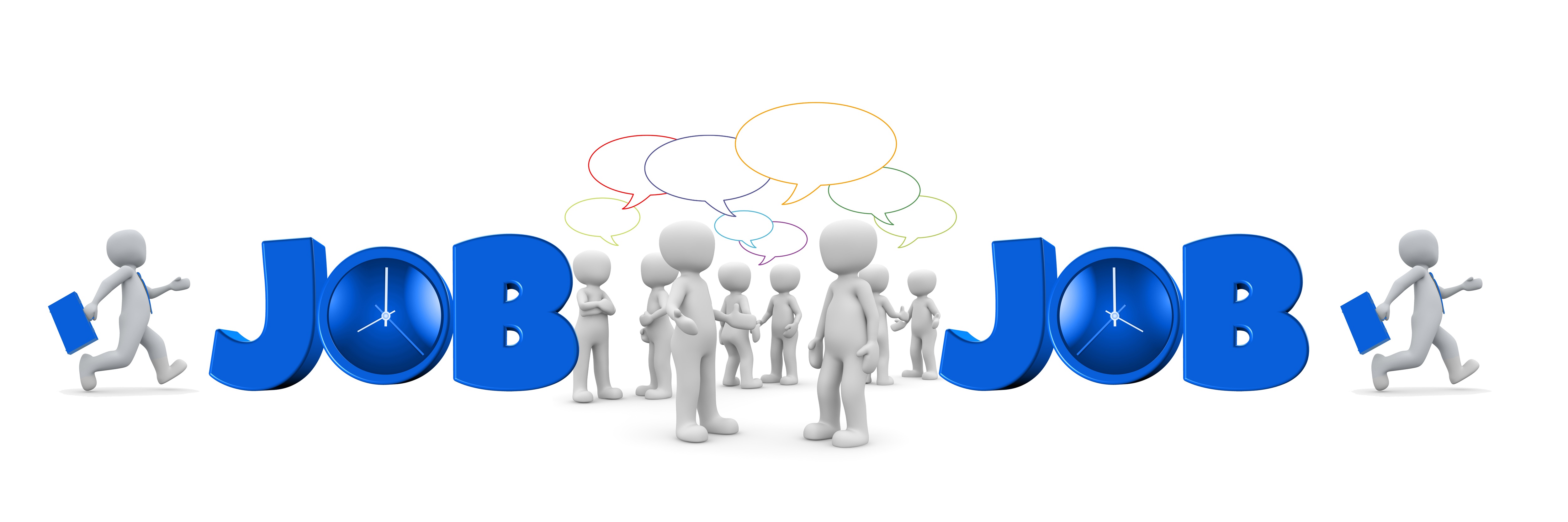 Symbolbild mit zwei großen blauen „JOB'-Schriftzügen, dazwischen eine Gruppe weißer 3D-Figuren im Gespräch mit Sprechblasen über sich, links und rechts je eine Figur mit Aktentasche, die zur Arbeit eilt