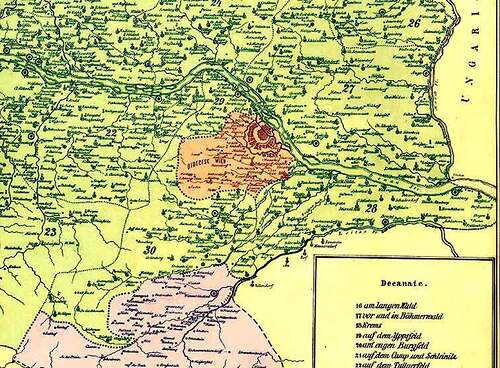 Diözesankarte von 1723: größter Teil (grün) des heutigen Niederösterreichs gehörte zur Diözese Passau, der südöstliche Teil (violett) zur Erzdiözese Salzburg, das Bistum Wien (rot) reichte geringfügig über das Stadtgebiet von Wien hinaus.