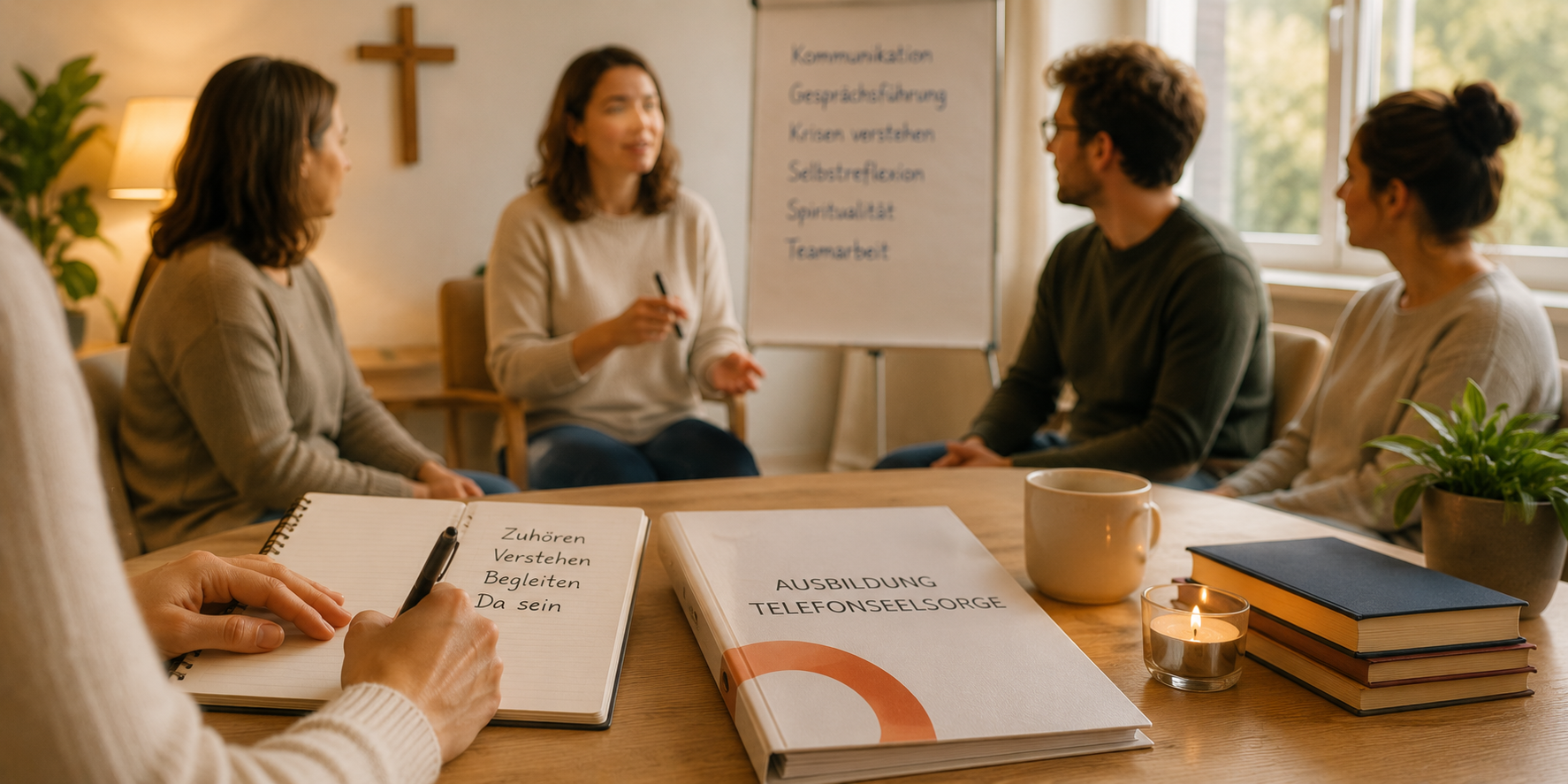 Personen sitzen rund um einen Holztisch, eine Frau erklärt die Inhalte der Ausbildung, ein Flipchart mit den Inhalten befindet sich im Hintergrund.