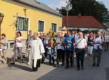 Prozession der acht teilnehmenden Pfarren zur Basilika Maria Roggendorf.