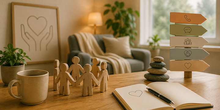 Beratungszimmer mit Schreibtisch aus hellem Holz, im Hintergrund eine Couch mit Polster und Decke