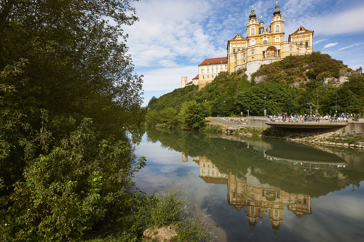 Historic Melk abbey facade. Wachau valley. Danube river. Austria