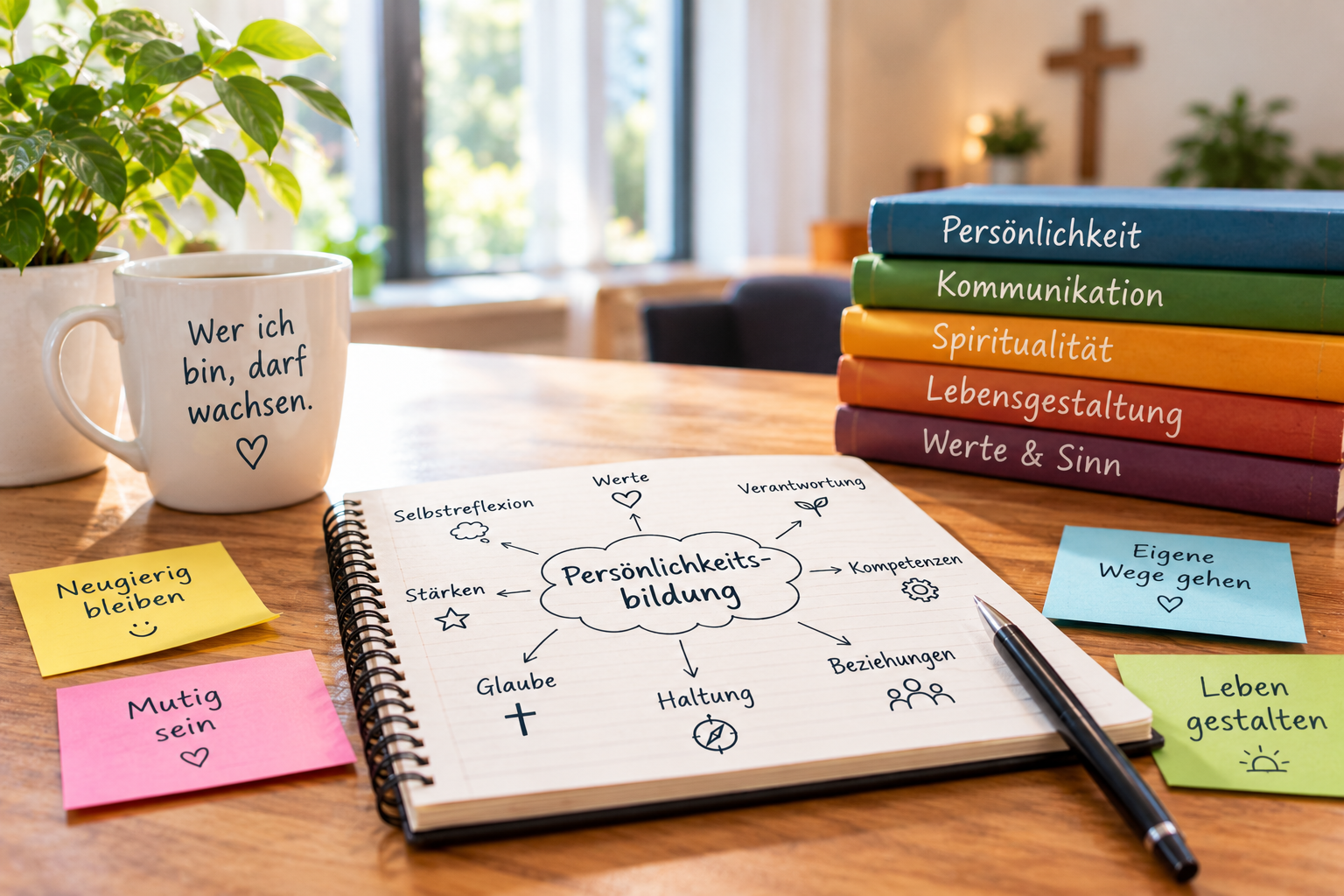 Auf dem Bild sieht man einen Tisch wo, links Blumen und eine Tasse stehen, in der Mitte ein beschrifteter Notizblock und rechts mehrere Bücher. im Hintergrund sieht man Fenster und ein kreuz. Auf dem Notizblock steht eine Mindmap mit Ideen zur Persön