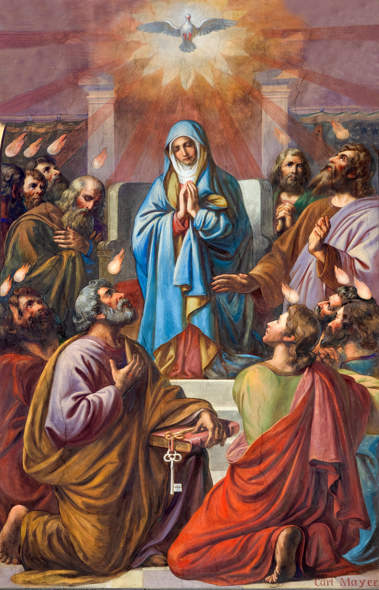 Am 50. Tag nach Ostern (griechisch pentecoste = 50) wird die Sendung des Heiligen Geistes gefeiert. Der Heilige Geist kommt wie Feuerzungen auf die versammelten Jünger herab und sie sind fähig in fremden Sprachen zu reden. Es ist gleichsam die Überwi