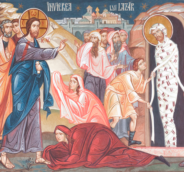 Marta und Maria lassen Jesus benachrichtigen, dass ihr Bruder Lazarus krank ist. Als er zwei Tage später kommt, eilt Marta ihm entgegen und sagt ihm, dass Lazarus tot sei. Christus fragt sie, ob sie an die Auferstehung glaube und sagt ihr, dass jeder