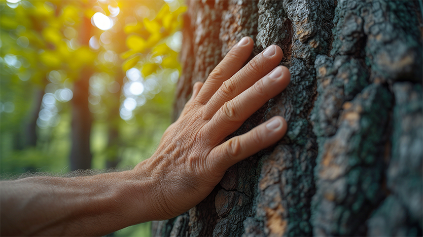 Hand, die einen Baumstamm berührt.