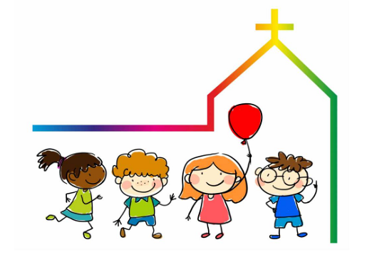 Zeichnung fröhliche Kinder und Kirche