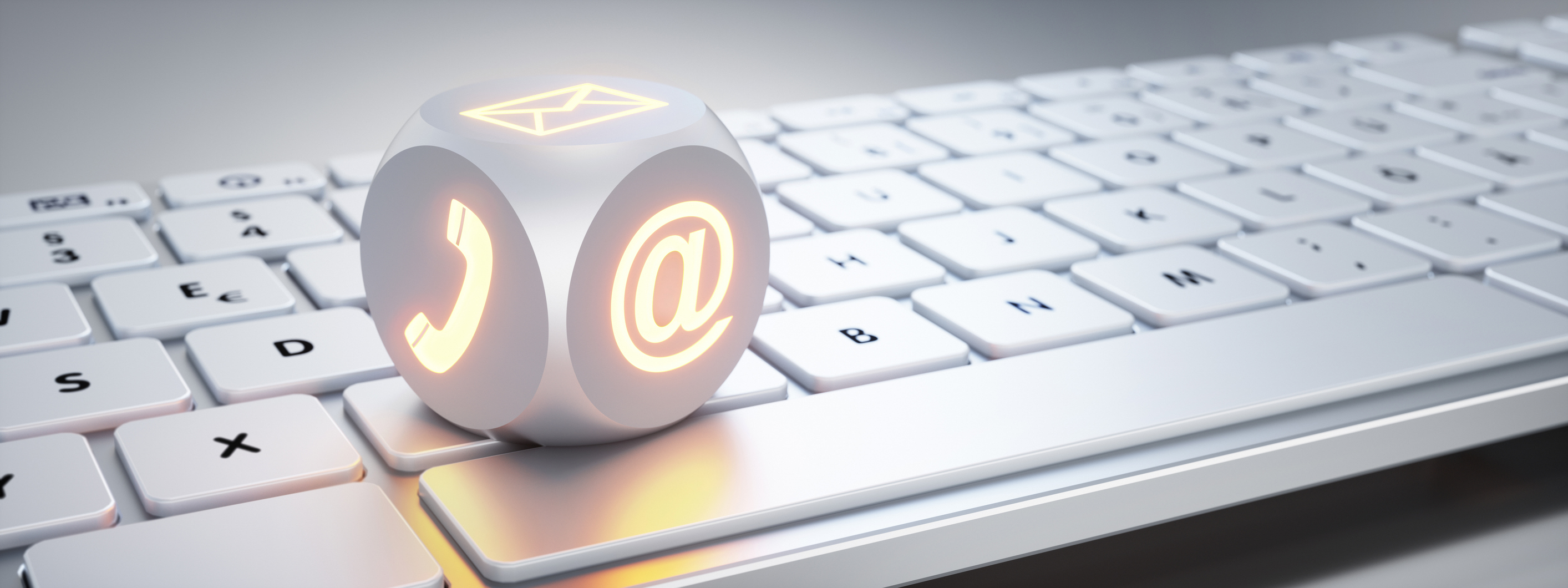 Lightning dice with orange communication symbols on white keyboard - 3D illustration