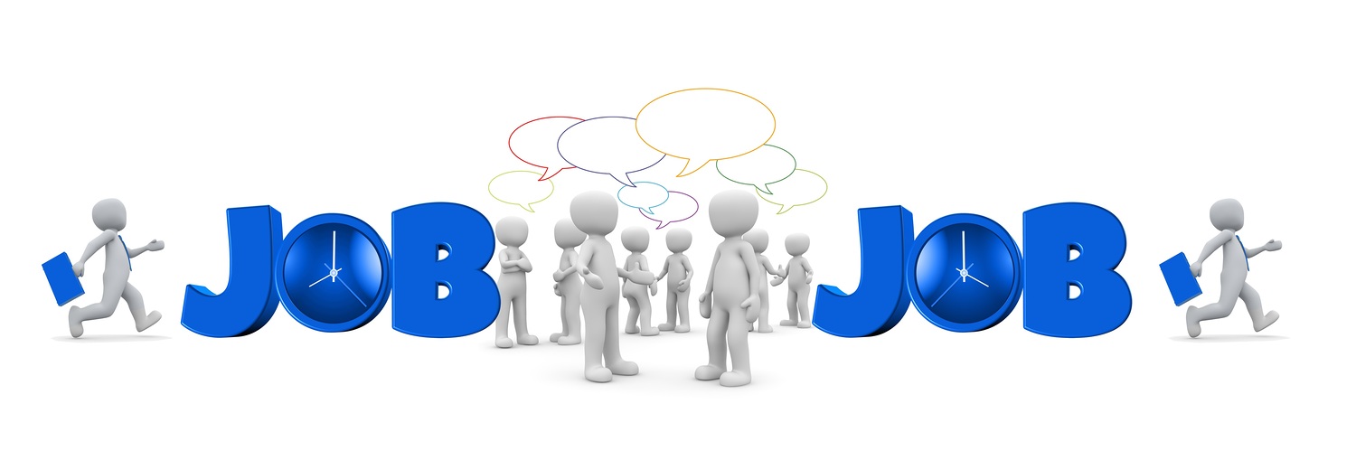 Symbolbild mit zwei großen blauen „JOB'-Schriftzügen, dazwischen eine Gruppe weißer 3D-Figuren im Gespräch mit Sprechblasen über sich, links und rechts je eine Figur mit Aktentasche, die zur Arbeit eilt